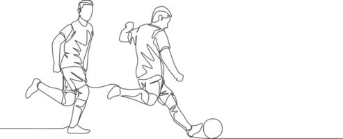 uno continuo linea disegno di giovane energico calcio giocatore calciando il palla per passaggio per il suo compagne di squadra. calcio incontro gli sport concetto. singolo linea disegnare design illustrazione png