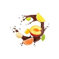 Chocolate yogurt or milk splash, tropical fruits vector