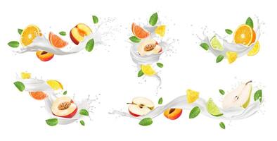 Realistic milk wave splash and fruits with mint vector