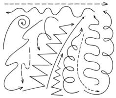 Doodle straight long arrows, curve line pointers vector
