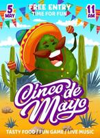 Cartoon avocado character on cinco de mayo flyer vector