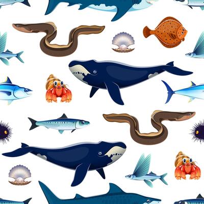 Cartoon sea animals and fish seamless pattern