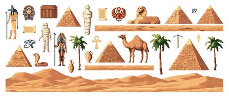 Retro 8 bit pixel art Egypt arcade game assets vector