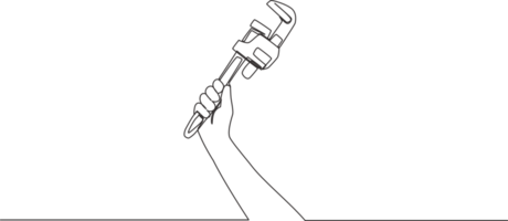 einer Single Linie Zeichnung von Mann halten rostfrei Stahl Rohr Schlüssel. Heimwerker Werkzeuge Konzept. kontinuierlich Linie zeichnen Design Illustration png