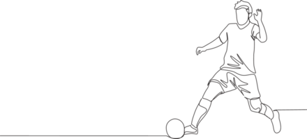 uno singolo linea disegno di giovane energico calcio giocatore vincere il palla e dribbling esso per il avversari la zona. calcio incontro gli sport concetto. continuo linea disegnare design illustrazione png