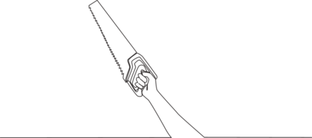 Single continuous line drawing of man holding manual hand saw. Handyman tools concept. One line draw design illustration png