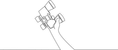 1 solteiro linha desenhando do homem segurando ótico binocular vidro. militares vigilância ferramenta conceito. contínuo linha desenhar Projeto ilustração png