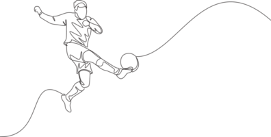 One single line drawing of young talented football player win the ball and shot the first time technique kick. Soccer match sports concept. Continuous line draw design illustration png