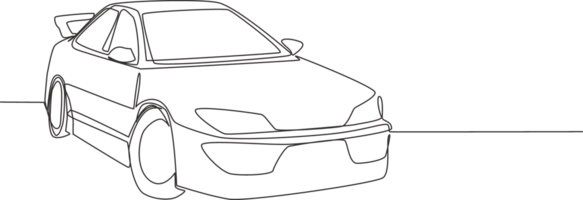 One line drawing of sporty sedan car. Stylish and trendy vehicle transportation concept. Single continuous line draw design png