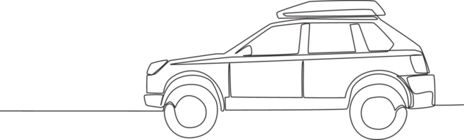 Continuous line drawing of tough suv car with roof rack. Adventure vehicle transportation concept. One single continuous line draw design png