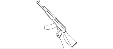 singolo continuo linea disegno di uomo Tenere militare assalto fucile pistola. difesa arma concetto. uno linea disegnare design illustrazione png