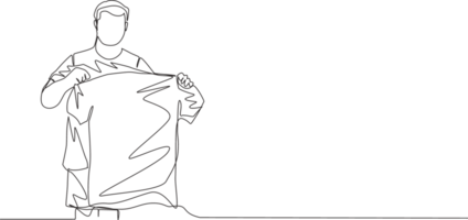 One continuous line drawing of young rising football star holding his new jersey while introduced at press conference. Soccer match sports concept. Single line draw design illustration png