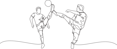 Single continuous line drawing of two young energetic opposite football players kick the ball together to get the ball. Soccer match sports concept. One line draw design illustration png