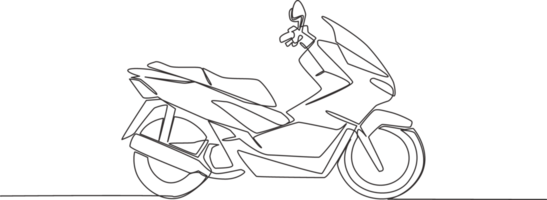 ett kontinuerlig linje teckning av modern lyx asiatisk underbenet motorcykel logotyp. stor automatisk motorcykel begrepp. enda linje dra design illustration png