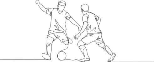 One continuous line drawing of young energetic football striker dribbling ball pass the opponent defender. Soccer match sports concept. Single line draw design illustration png
