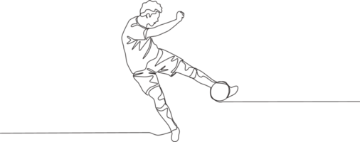 One continuous line drawing of young talented football player shooting the ball with first time kick technique. Soccer match sports concept. Single line draw design illustration png