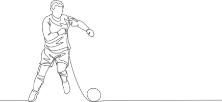 One single line drawing of young football player with long sleeve shirt dribbling the ball at training session. Soccer match sports concept. Continuous line draw design illustration png