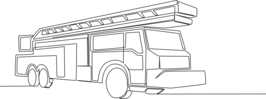 One line drawing of fire truck with hose and ladder. Public safety service vehicle transportation concept. Single continuous line draw design png