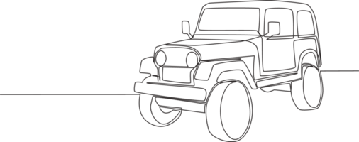 singolo linea disegno di 4x4 velocità difficile superiore grande macchina. fuori strada avventura rally veicolo mezzi di trasporto concetto. uno continuo linea disegnare design png