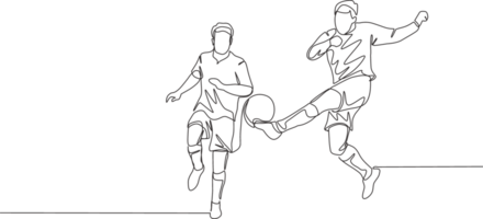 uno continuo linea disegno di giovane energico calcio giocatore fare palla autorizzazione per mantenere il suo la zona sicuro a partire dal avversario attacco. calcio incontro gli sport concetto. singolo linea disegnare design illustrazione png