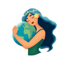 Illustration of Mother Earth's Day characters. A woman hugs the earth. Nature concept png