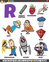 Letter R set with cartoon objects and characters vector