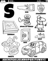 Letter S set with cartoon objects and characters coloring page vector