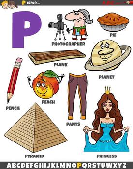 Letter P set with cartoon objects and characters vector