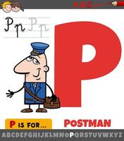 letter P from alphabet with cartoon postman character vector