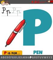 letter P from alphabet with cartoon pen object vector