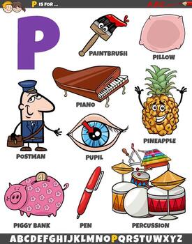 Letter P set with cartoon objects and characters vector