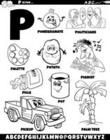Letter P set with cartoon objects and characters coloring page vector