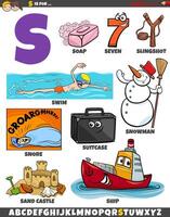 Letter S set with cartoon objects and characters vector