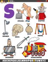 Letter S set with cartoon objects and characters vector