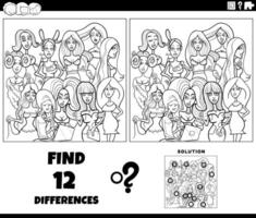 differences game with cartoon women group coloring page vector