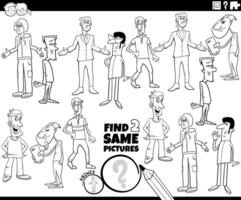 find two same cartoon men characters activity coloring page vector