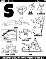 Letter S set with cartoon objects and characters coloring page vector