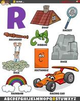 Letter R set with cartoon objects and characters vector