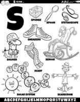 Letter S set with cartoon objects and characters coloring page vector