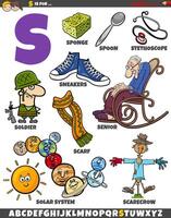 Letter S set with cartoon objects and characters vector