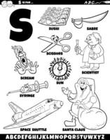 Letter S set with cartoon objects and characters coloring page vector