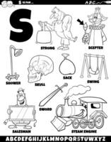 Letter S set with cartoon objects and characters coloring page vector