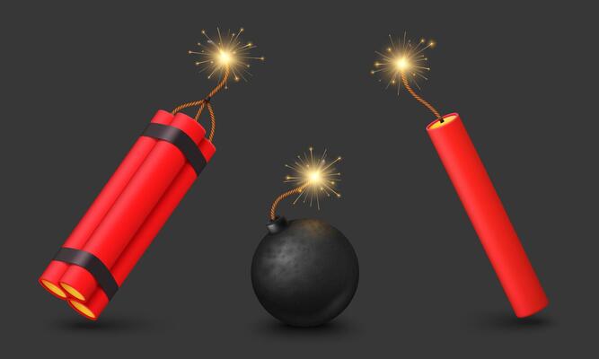 Realistic bomb and TNT dynamite with burning fuse