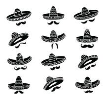 Mexican sombrero hats with mustaches, silhouettes vector