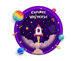 Space paper cut banner with rocket launch, galaxy vector