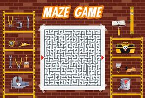 Kids labyrinth maze quiz game, cartoon DIY tools vector