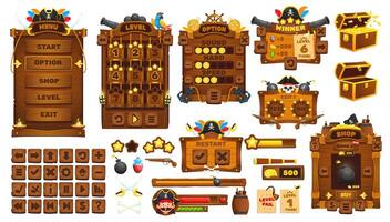 Pirates corsairs game UI interface buttons, assets vector