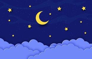 Night sky with paper cut moon and stars in clouds vector