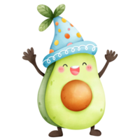 Cute sweet avocado character wearing birthday party hat in joyful emotion watercolor isolated png