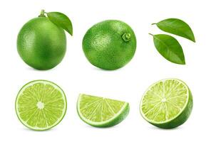 Realistic raw lime fruit, whole, half and slice vector